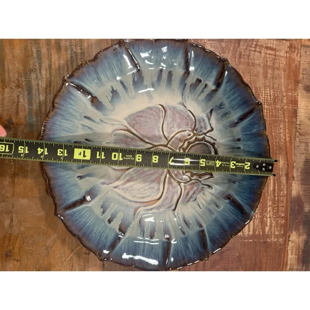 Vintage Bill Campbell Pottery Drip Glaze Lotus 14” Chip & Dip Platter Bowl Set